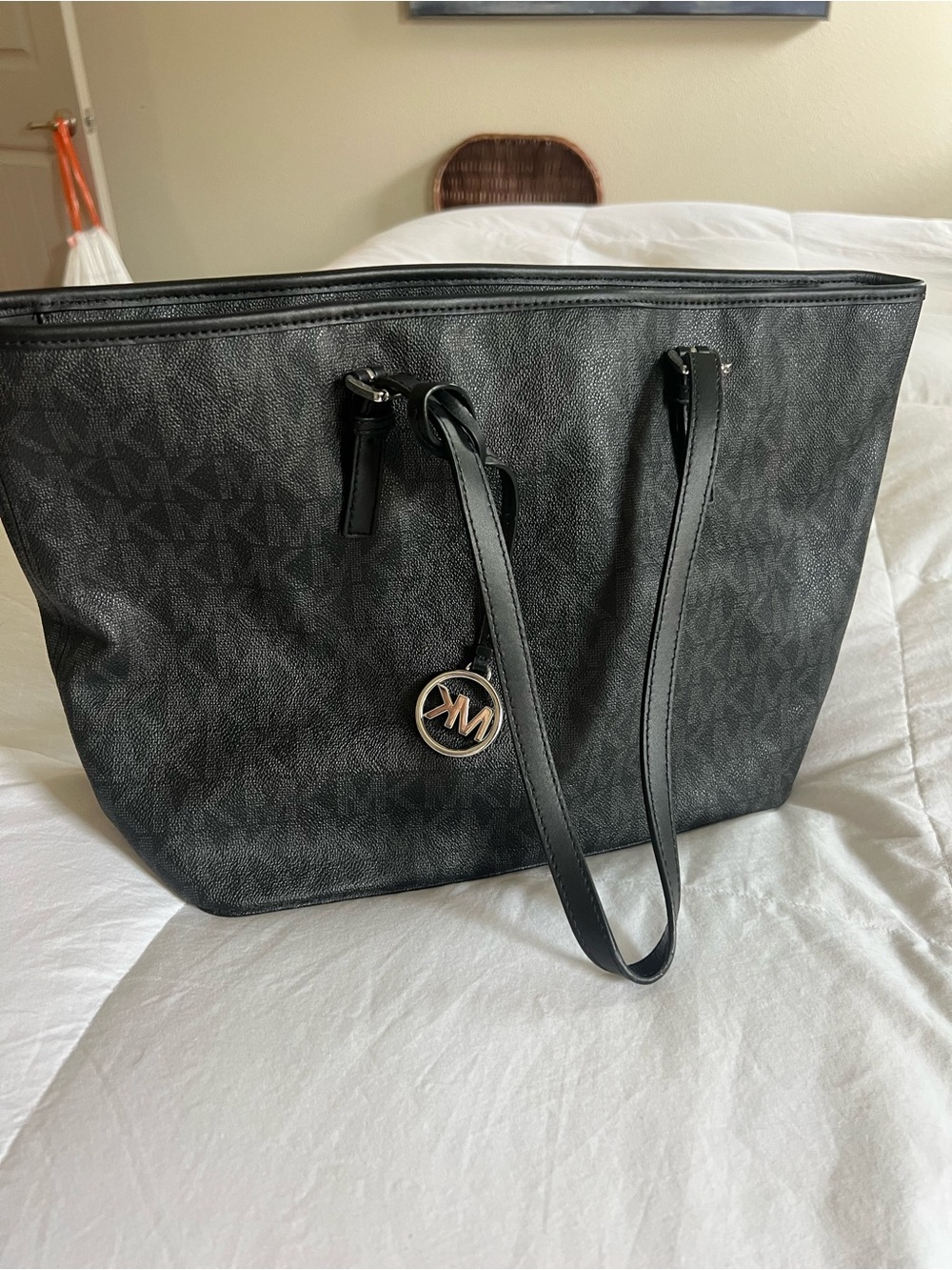 Michael Kors Black MK Monogram Tote with Gold Charm